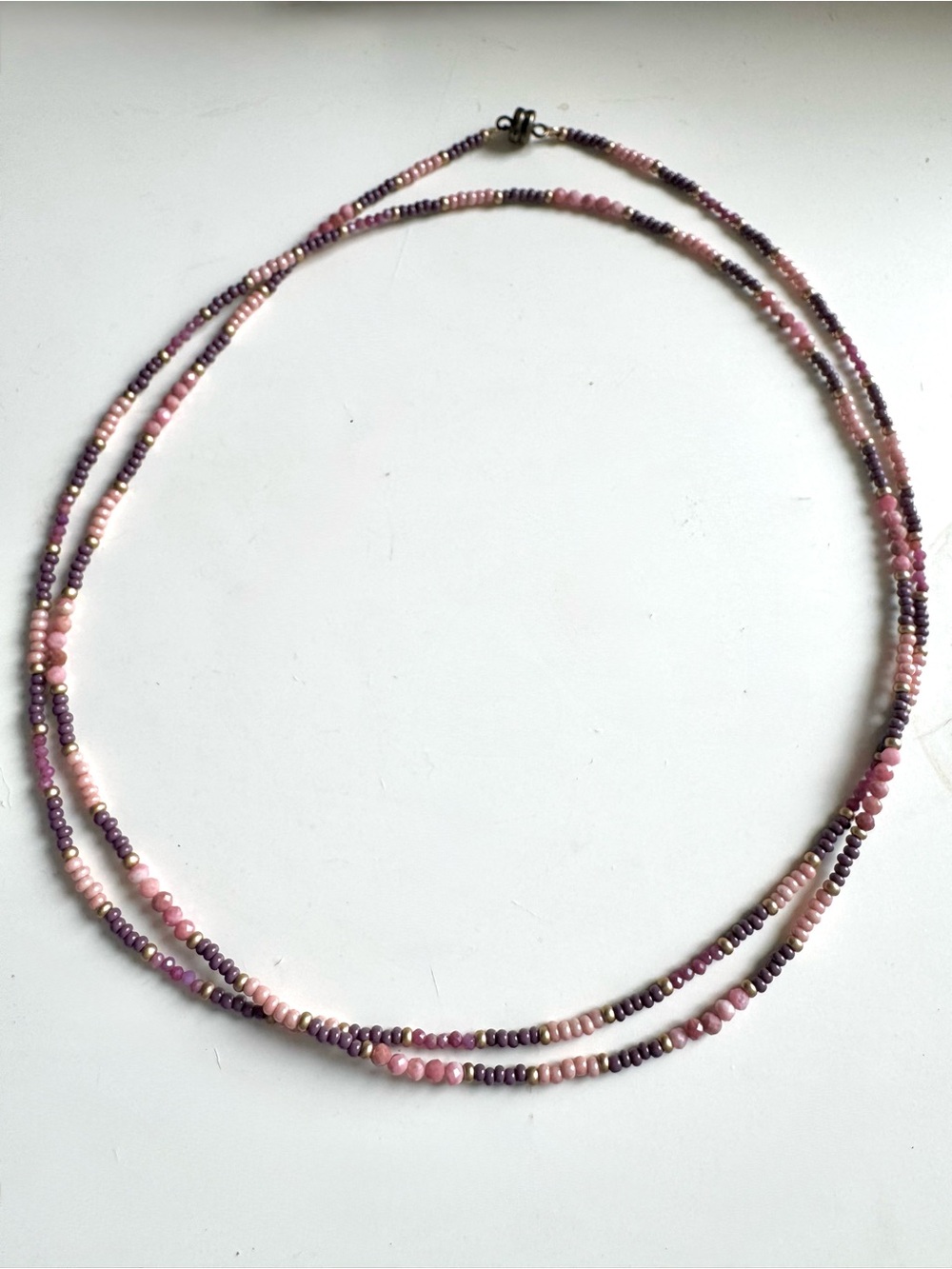 Handcrafted Peach & Mauve Beaded Layered Necklace w/Brass Magnetic Clasp